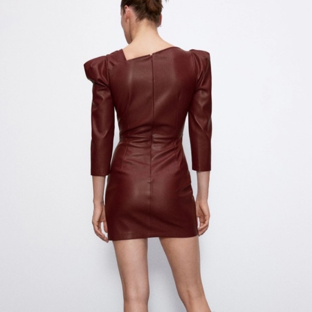Zara: Maroon asymmetrical faux leather dress - Picture 2 of 9
